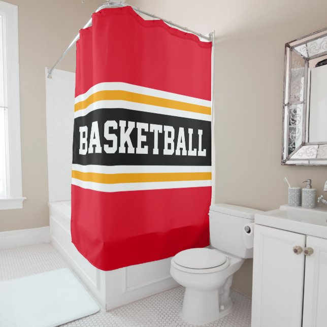 BASKETBALL Bright Red Black Yellow Racing Stripes Shower Curtain (In Situ)