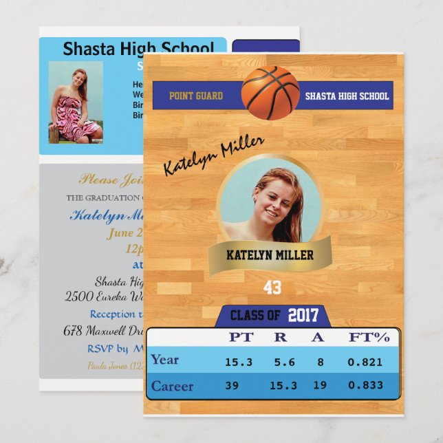 Basketball Card W/ Stats Grad Invitations - blue (Front/Back)