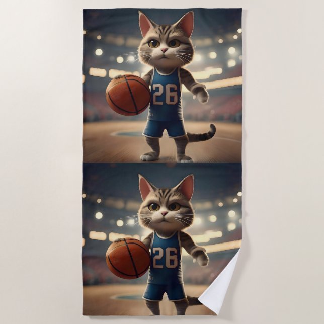 Basketball Cat,  Beach Towel (Front)
