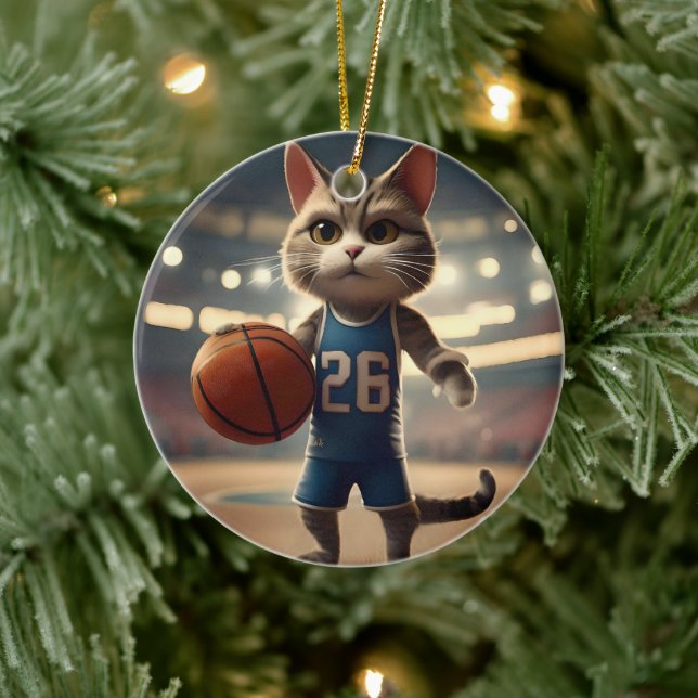 Basketball Cat,  Ceramic Tree Decoration (Tree)