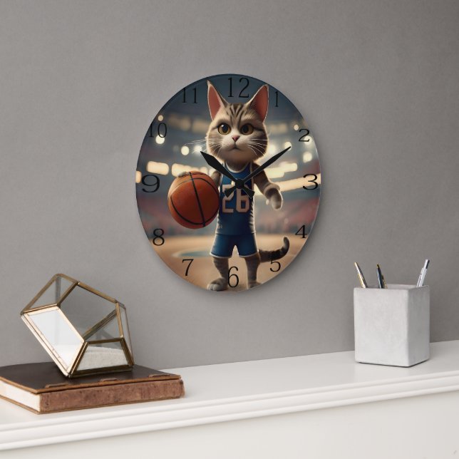 Basketball Cat,  Large Clock (Office)