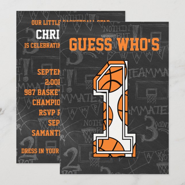 Basketball Chalkboard 1st Birthday Party Invitation (Front/Back)