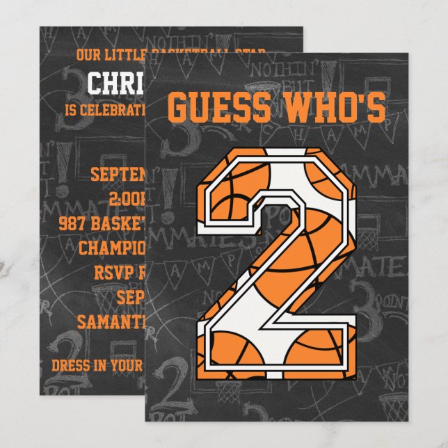 Basketball Chalkboard 2nd Birthday Party Invitation (Front/Back)