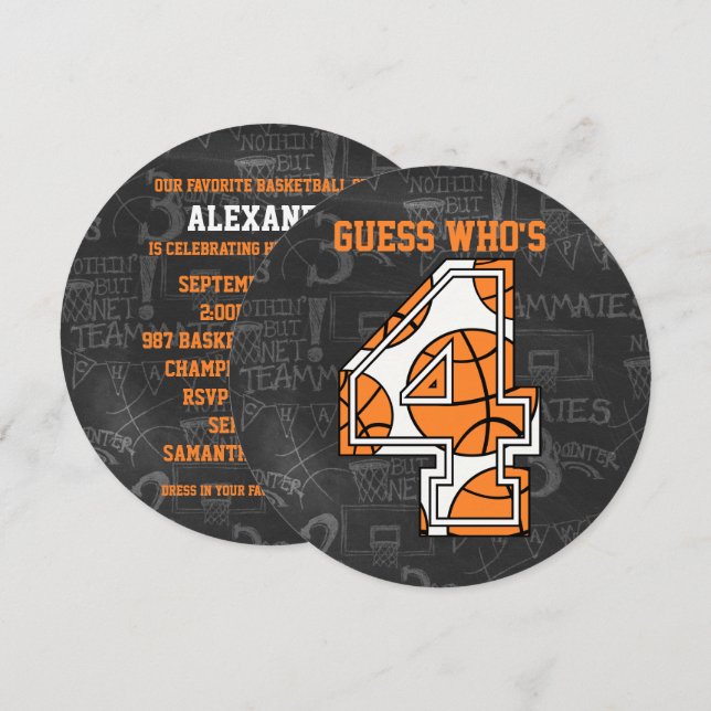Basketball Chalkboard 4th Birthday Party Invitation (Front/Back)