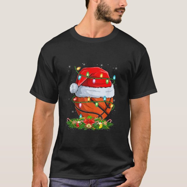 Basketball Christmas Lights Funny Basketball Playe T-Shirt (Front)