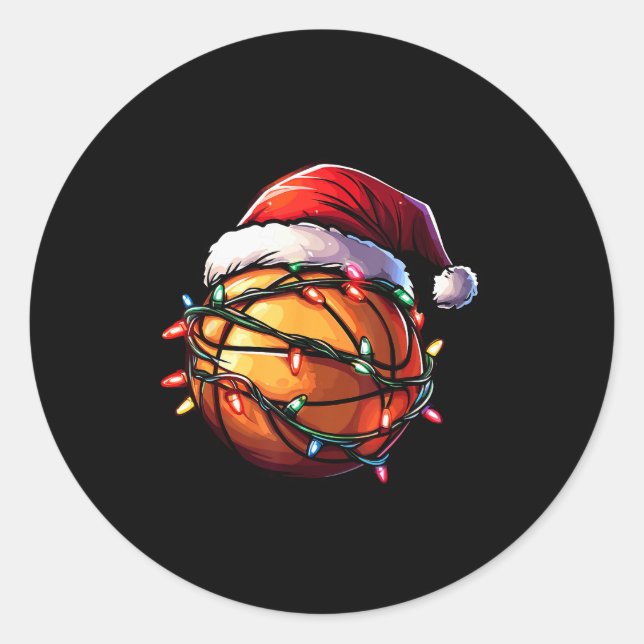 Basketball Christmas Lights Santa Hat Basketball P Classic Round Sticker (Front)