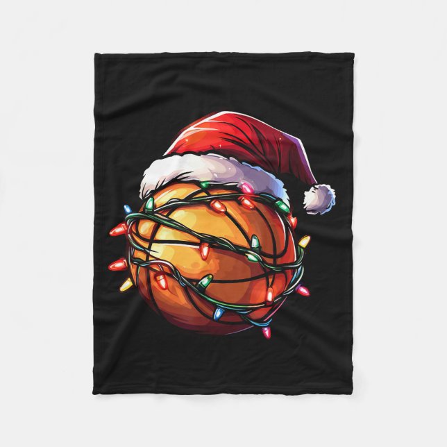 Basketball Christmas Lights Santa Hat Basketball P Fleece Blanket (Front)