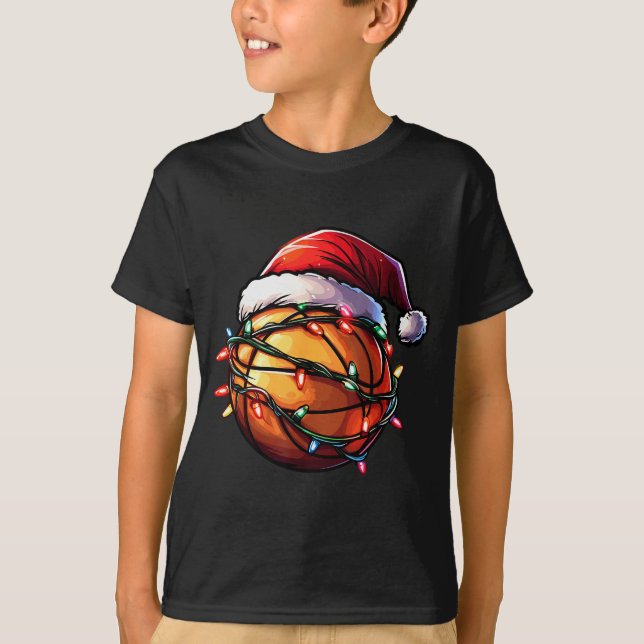 Basketball Christmas Lights Santa Hat Basketball P T-Shirt (Front)