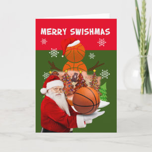 Basketball Christmas MERRY SWISHMAS Santa Claus Card