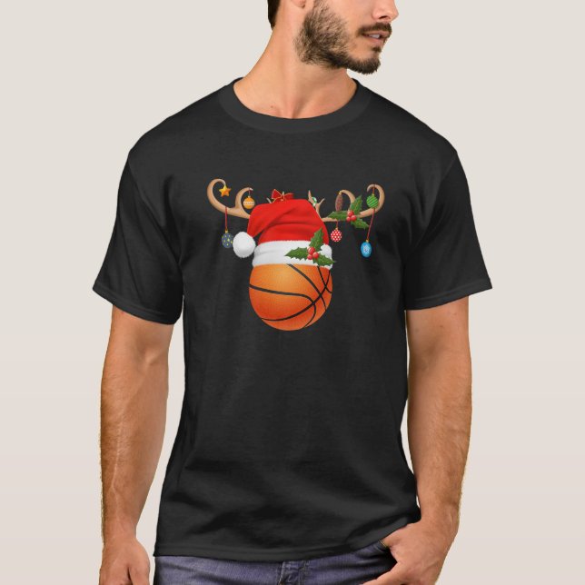 Basketball Christmas Reindeer Santa Hat Sports Pla T-Shirt (Front)