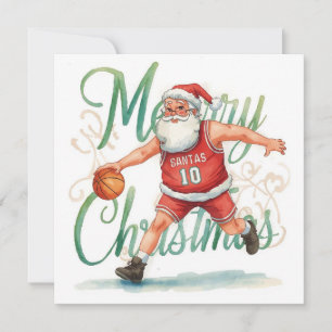 Basketball Christmas Themed Santa Claus Playing  Holiday Card