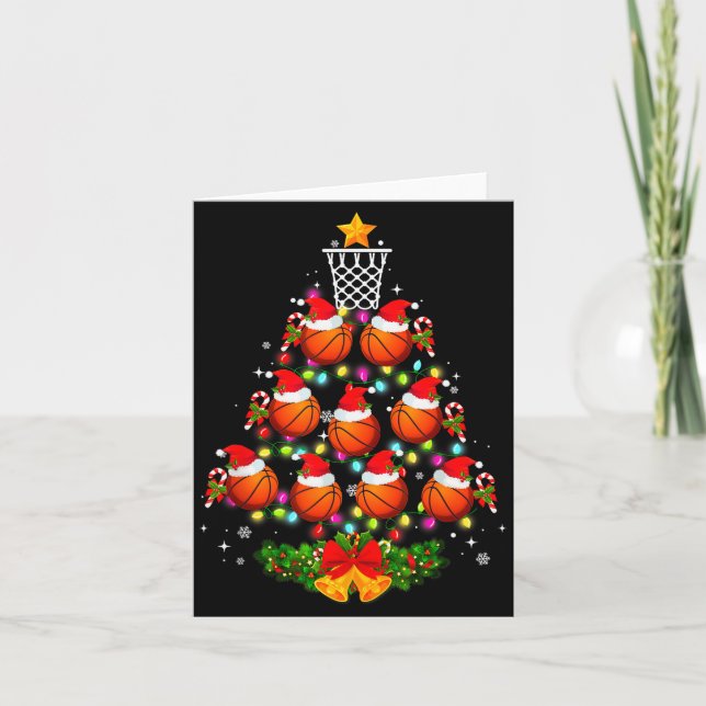 Basketball Christmas Tree Lights Red Santa Hat Xma Card (Front)