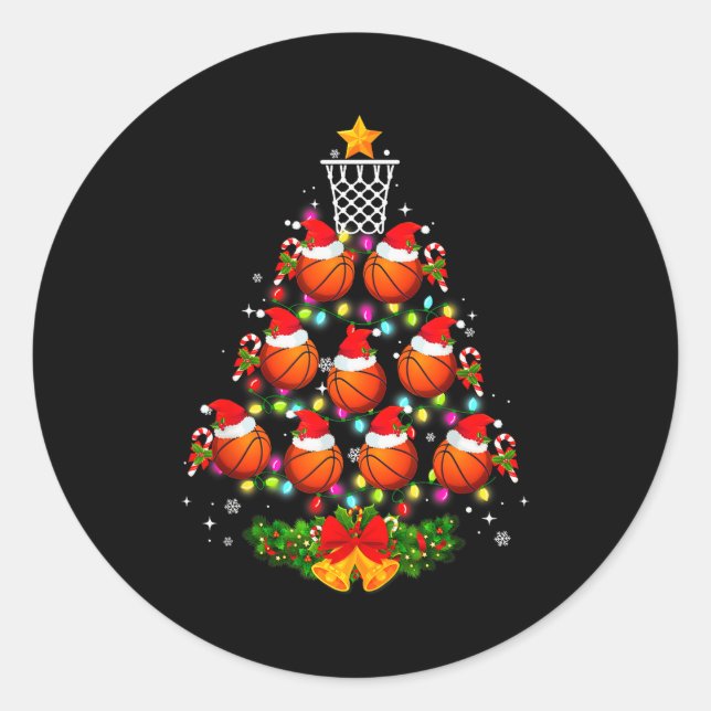 Basketball Christmas Tree Lights Red Santa Hat Xma Classic Round Sticker (Front)