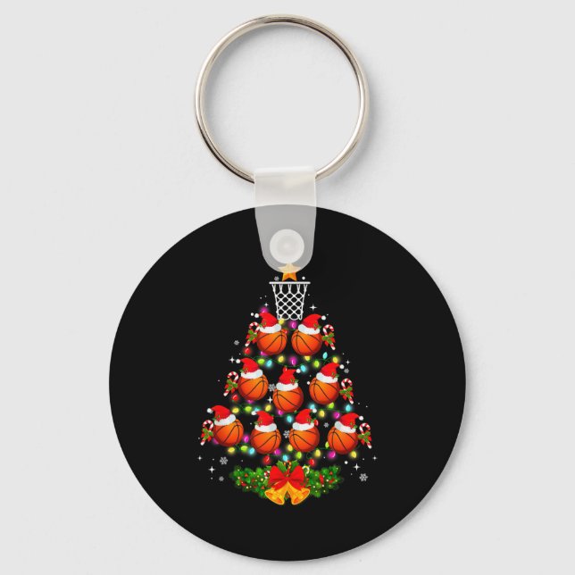 Basketball Christmas Tree Lights Red Santa Hat Xma Key Ring (Front)