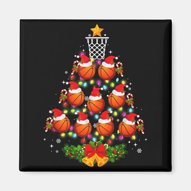 Basketball Christmas Tree Lights Red Santa Hat Xma Magnet (Front)