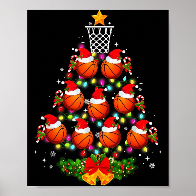 Basketball Christmas Tree Lights Red Santa Hat Xma Poster (Front)