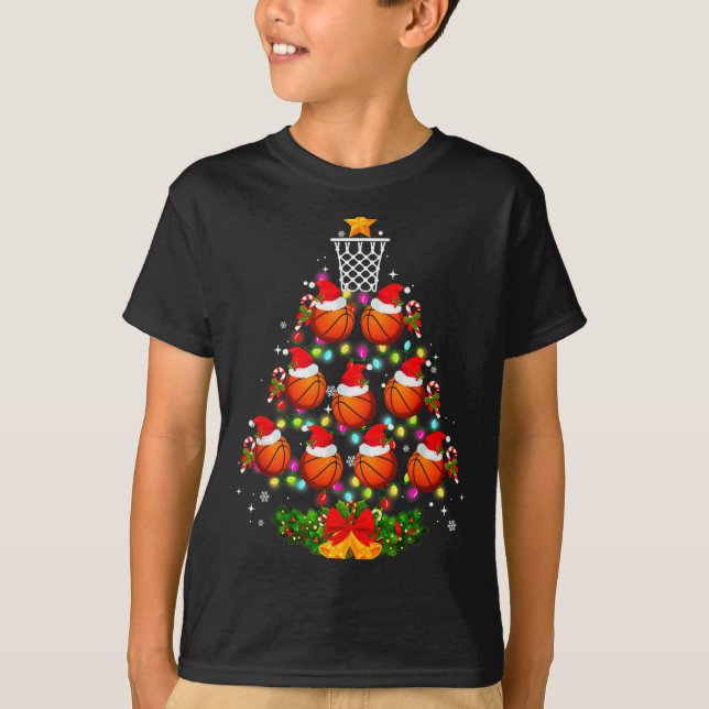 Basketball Christmas Tree Lights Red Santa Hat Xma T-Shirt (Front)