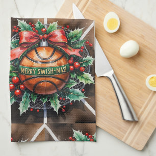 Basketball Christmas Watercolor themed Tea Towel