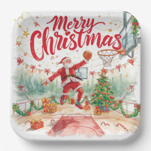 Basketball Christmas with Santa Playing in court Paper Plate