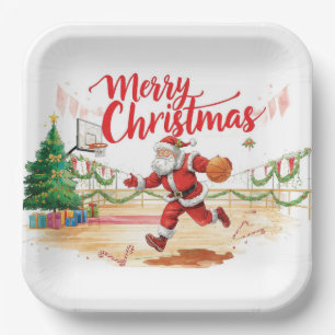 Basketball Christmas with Santa Playing in court Paper Plate