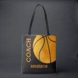 Basketball Coach Personalised Sports Vintage Retro Tote Bag<br><div class="desc">Basketball Coach Personalised Sports Vintage Retro Tote Bag. Black background with orange basketball. Coach written vertically and last name horizontally. Design on both sides. Customise to change background colour from black to any other colour. Great gift for your basketball coach. Basketball sports themed tote bag.</div>