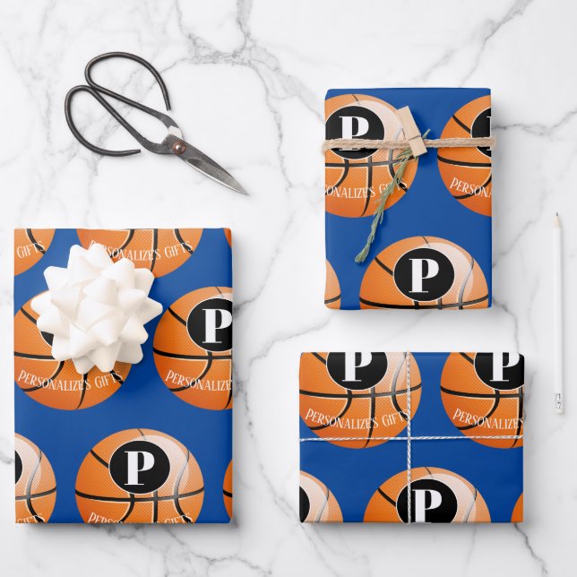 Basketball Custom Monogram Name Wrapping Paper Sheet (Front)
