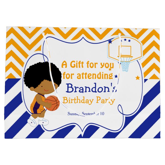Basketball Cute African American Boy Thank You Large Gift Bag (Back)