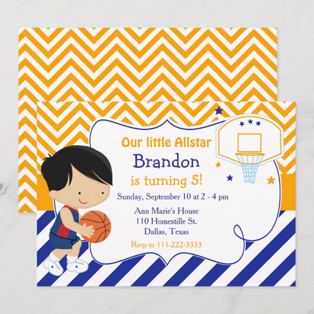 Basketball Cute Black Hair Boy Birthday Party Invitation (Front/Back)