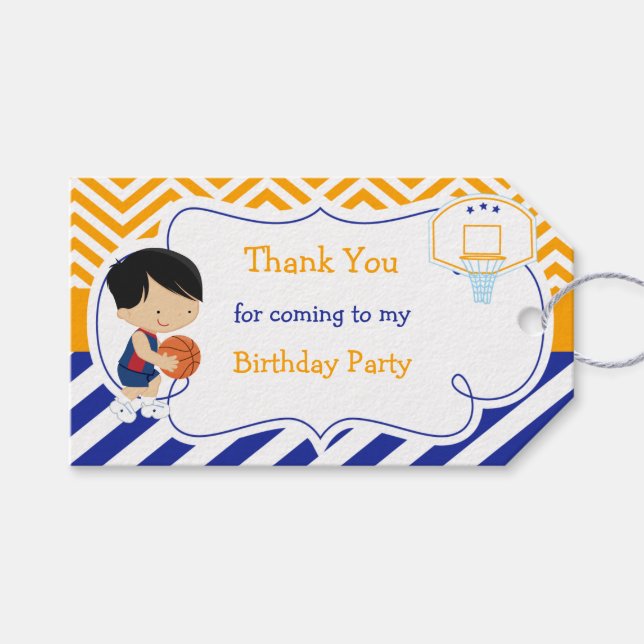 Basketball Cute Black Hair Boy Gift Tag (Front (Horizontal))