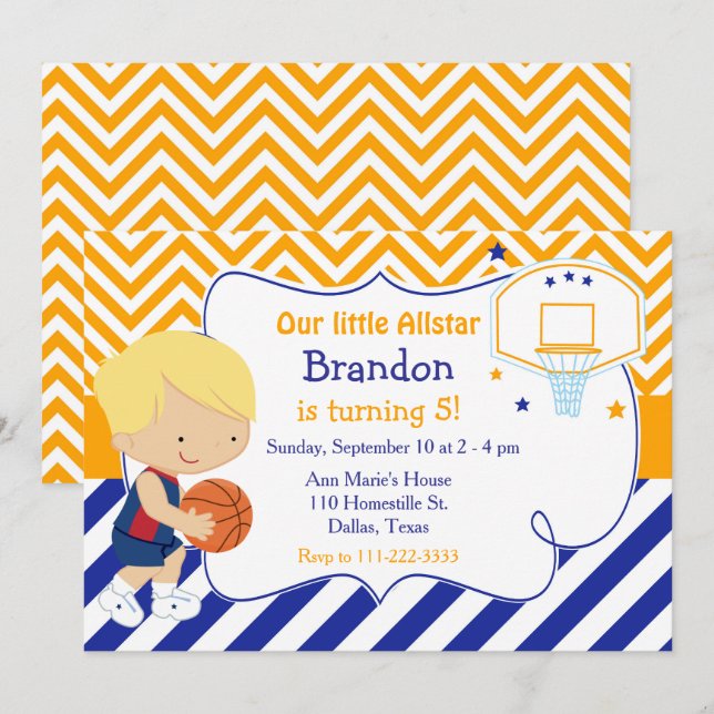 Basketball Cute Blonde Boy Birthday Party Invitation (Front/Back)