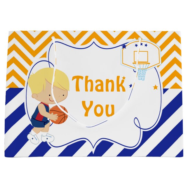 Basketball Cute Blonde Hair Boy Thank You Large Gift Bag (Front)