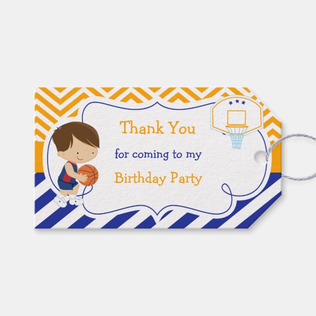 Basketball Cute Brown Hair Boy Gift Tag (Front (Horizontal))