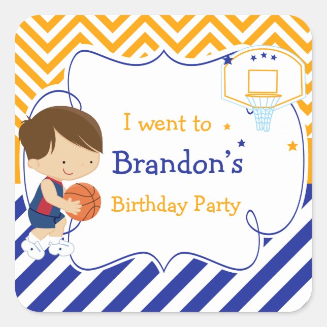 Basketball Cute Brown Hair Boy 'I went to' Square Sticker (Front)