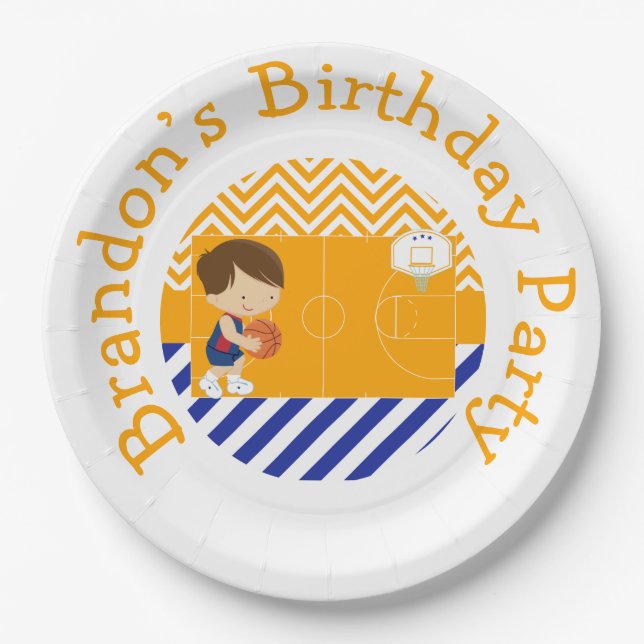 Basketball Cute Brown Hair Boy Paper Plate (Front)