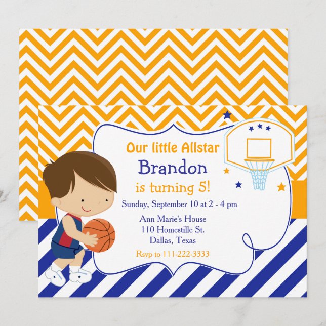Basketball Cute Brunette Boy Birthday Party Invitation (Front/Back)