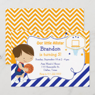Basketball Cute Brunette Boy Birthday Party Invitation