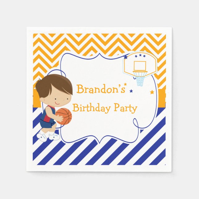 Basketball Cute Brunette Hair Boy Birthday Party Napkin (Front)