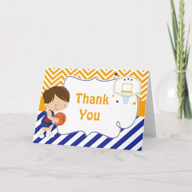 Basketball Cute Brunette Hair Boy Birthday Party Thank You Card (Front)