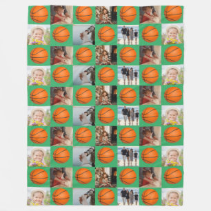 Basketball Family Collage Photo Pattern Green Fleece Blanket