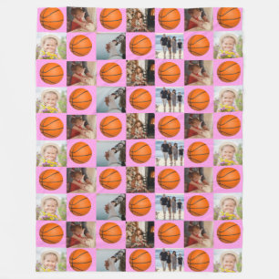 Basketball Family Collage Photo Pattern Pink Fleece Blanket