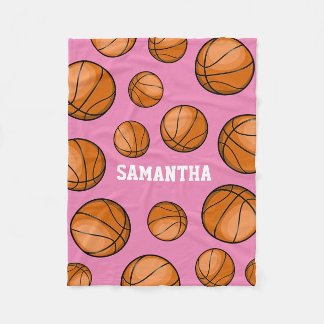 Basketball Fan Custom Name Pink Fleece Blanket (Front)