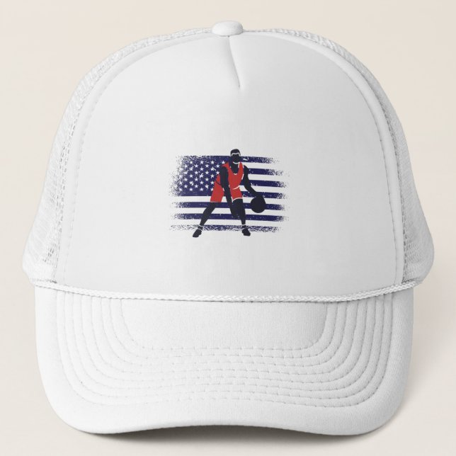 Basketball Fan Jersey USA Flag Trucker Hat (Front)