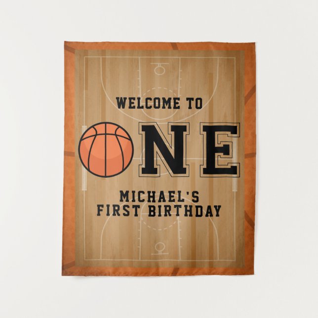 Basketball First Birthday Backdrop Tapestry (Front)
