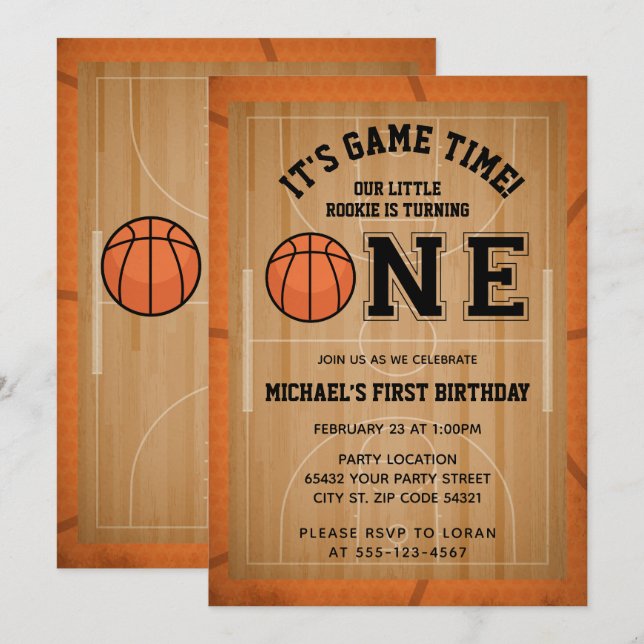 Basketball First Birthday Party Invitation (Front/Back)