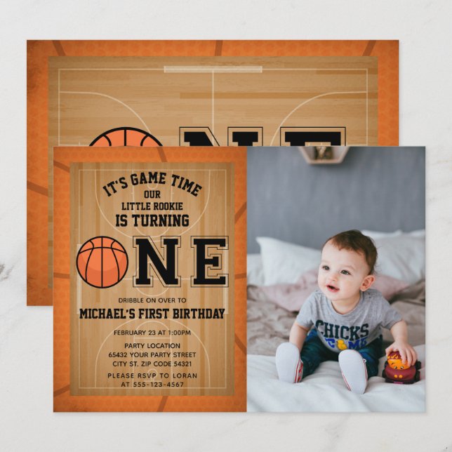 Basketball First Birthday Photo Invitation (Front/Back)
