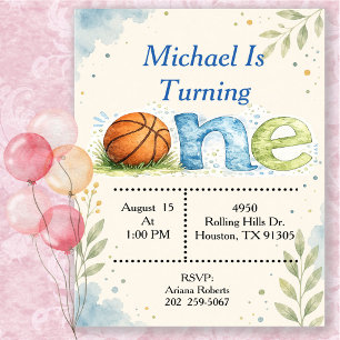 Basketball First Birthday Watercolor Invitation