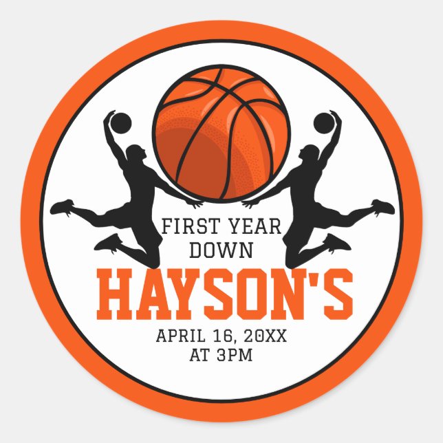 Basketball First Year Down 1st Birthday Classic Round Sticker (Front)