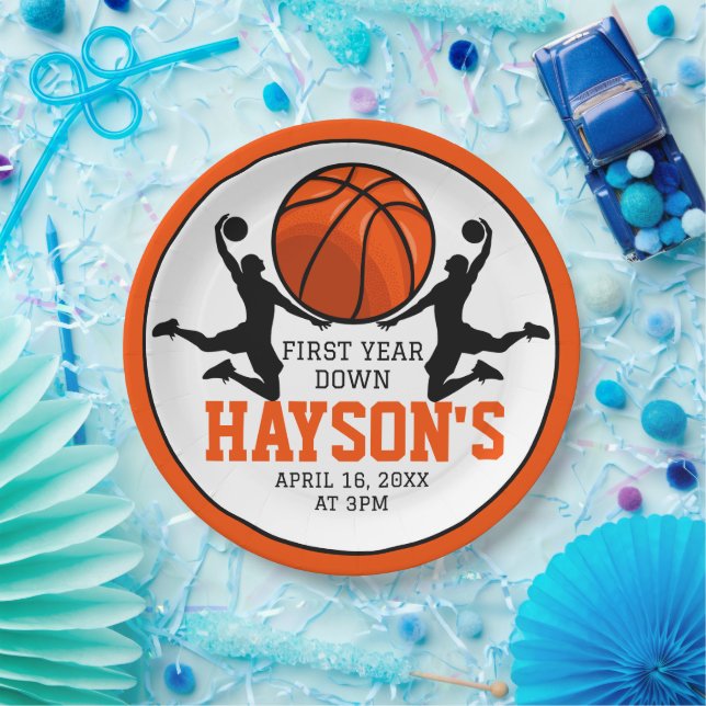 Basketball First Year Down 1st Birthday Paper Plate (Party)
