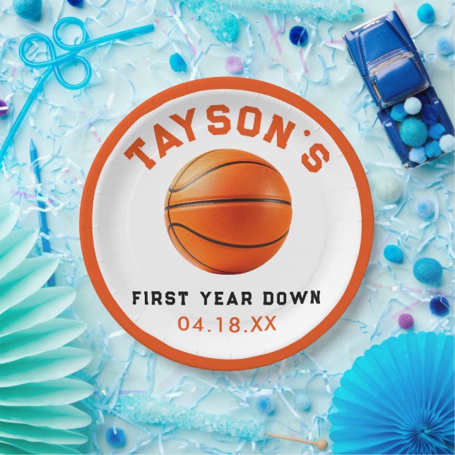 basketball First Year Down 1st Birthday Paper Plate (Party)