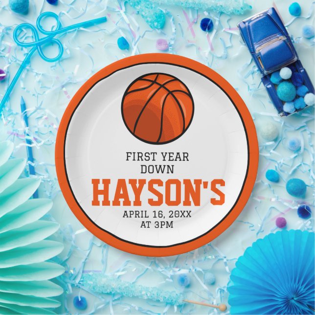 Basketball First Year Down 1st Birthday Paper Plate (Party)